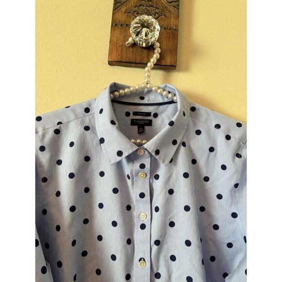 Talbots Petite Womens Size 14P Blue Polka Dot Blouse Non-Iron Cotton - Picture 2 of 4